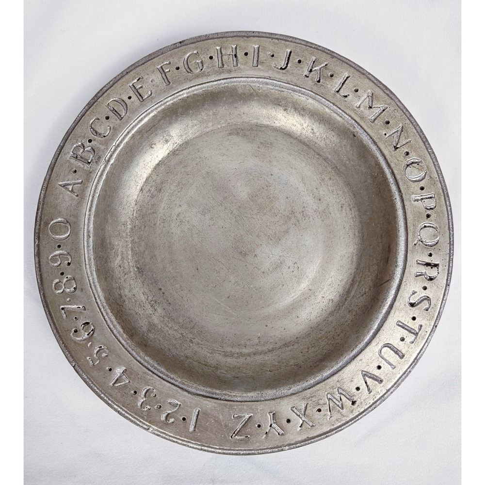 Alphabet Plate ABC 123 Embossed Rim Vintage Nursery Decor 9 in. Pewter Like